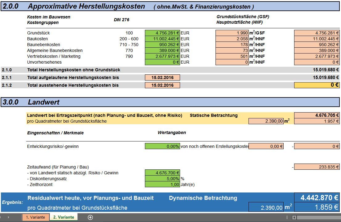 Residualwertberechnung für Immobilien- Anlage in Excel